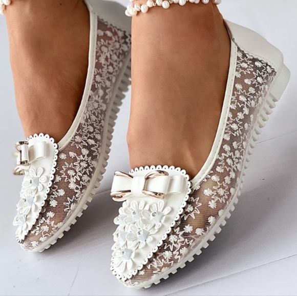 Floral Embroidery White Bowknot Decor Women's Loafers Size 38 US 7 - Picture 4 of 4